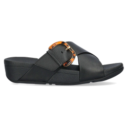 FitFlop Lulu Resin-Buckle Leather Cross Slides All Black