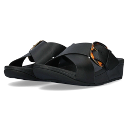 FitFlop Lulu Resin-Buckle Leather Cross Slides All Black