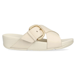 FitFlop Lulu Resin-Buckle Leather Cross Slides Paris Beige