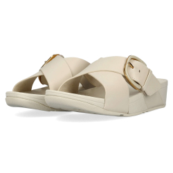 FitFlop Lulu Resin-Buckle Leather Cross Slides Paris Beige